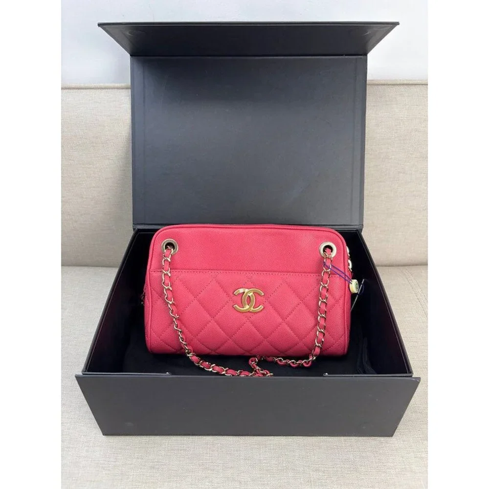 CHANEL Pink Red Caviar Camera Case Bag GHW